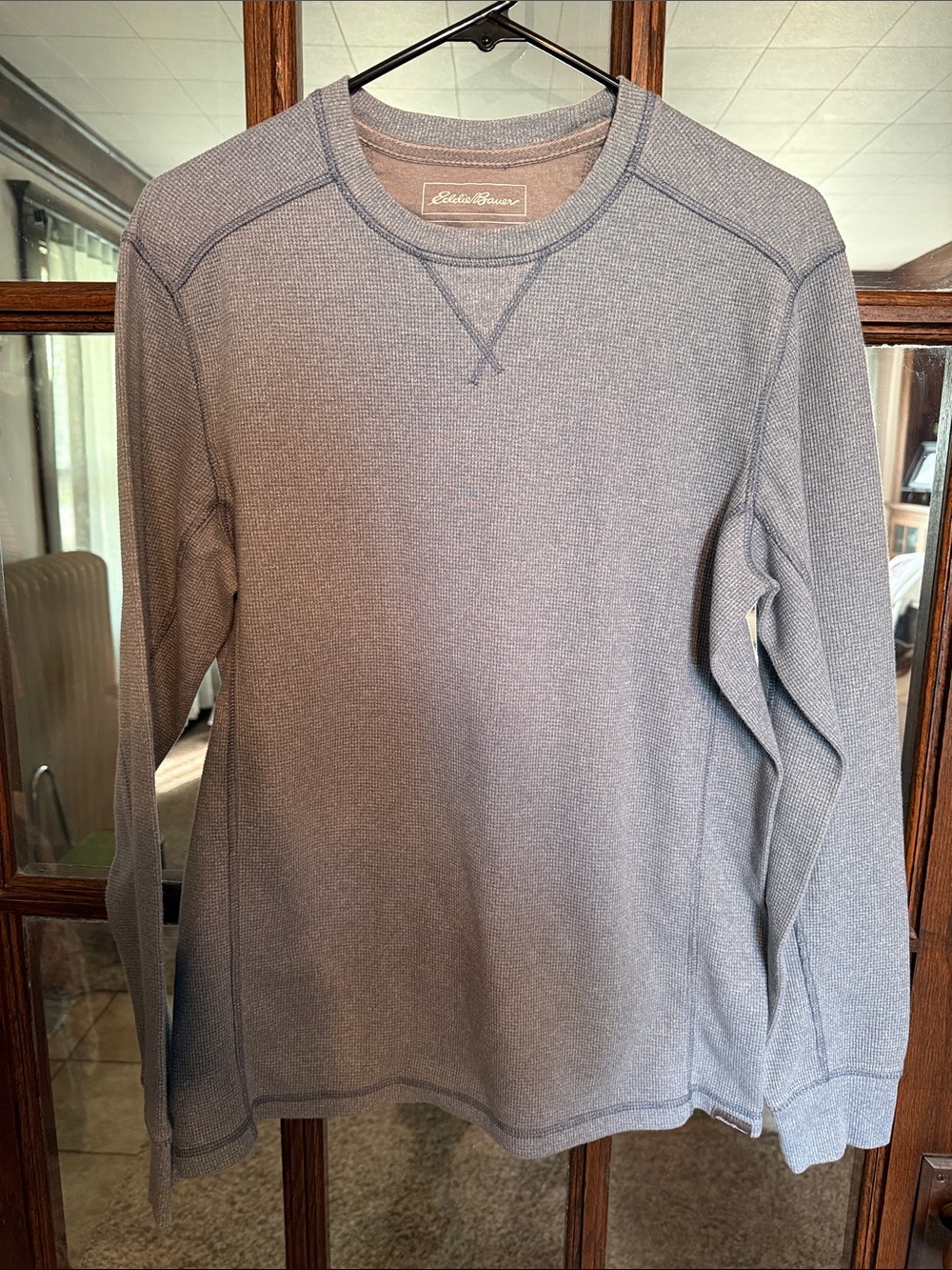 Eddie Bauer Mens Waffle Knit Thermal Long Sleeve Crewneck Shirt Blue Gray Size M